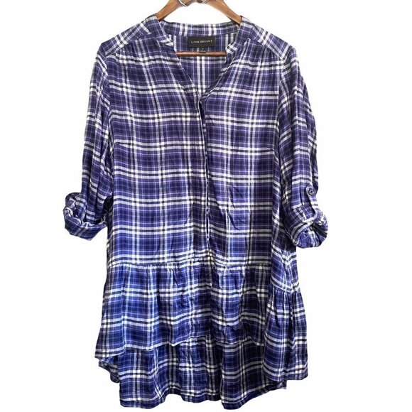 Lane Bryant Roll Tab Sleeve Plaid Button Up Soft High Low Tunic Blouse Size 14 - Picture 1 of 10